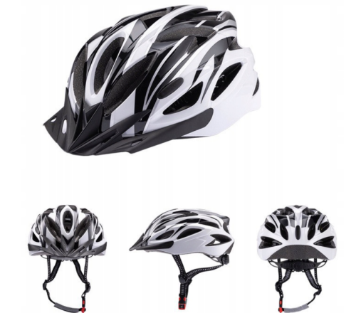 Kask rowerowy w kolorze biało-czarnym pokazany z każdej strony - przodu, tyłu oraz boków