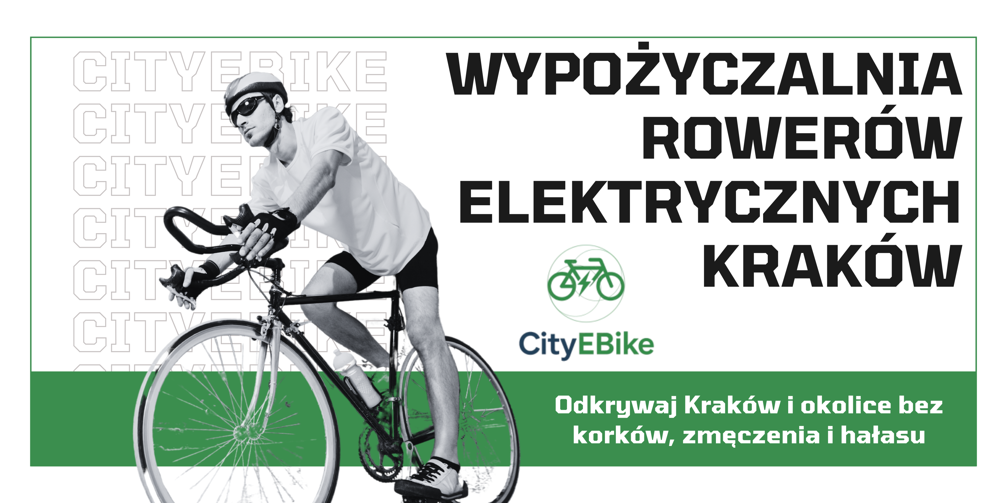 Baner wypożyczalni rowerów elektrycznych w Krakowie przedstawiający mężczyznę na rowerze wraz z nazwą wypożyczalni - CityEBike